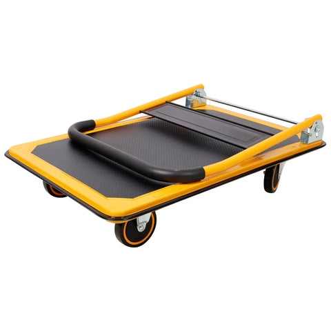 Heavy Duty Foldable Platform Push Cart With 660 Lb Capacity, Steel Construction And Swivel Casters For Smooth Mobility, Your Go To Haul Buddy For Warehouse, Garage Or Home Workshop. 35.8 x 24 in foldable steel platform cart shown folded with wheels