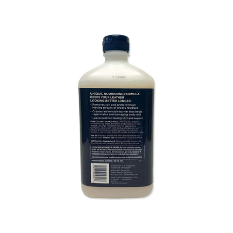 Back label of a 16 oz bottle of 3-In-1 Leather Cleaner Conditioner Protector with usage instructions and barcode.
