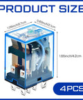 Four Pack DC 12V General Purpose Relays, 8 Pin DPDT Electromagnetic Power Relay, 10A, product dimensions and design details