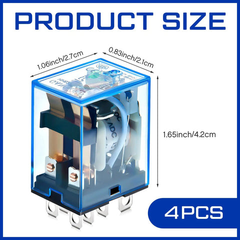 Four Pack DC 12V General Purpose Relays, 8 Pin DPDT Electromagnetic Power Relay, 10A, product dimensions and design details