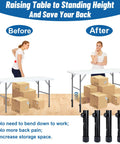 Before and after using Heavy Duty Four Pack Folding Table Risers And Adjustable Height Leg Extenders for furniture.