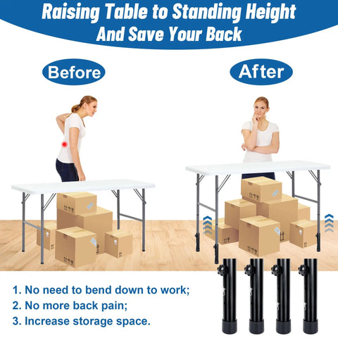 Before and after using Heavy Duty Four Pack Folding Table Risers And Adjustable Height Leg Extenders for furniture.
