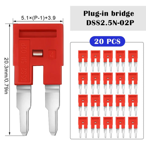 20 Pack 2 Pole DIN Rail Terminal Block Jumpers for DK2.5N and DK2.5N-BL, Press Fit DSS2.5N-02P Compatible, red connectors