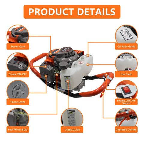 Heavy Duty 72cc 2-Stroke Gas Powered Post Hole Digger With Smart Fuel Pump and Anti-Vibration Engine Product Details Diagram
