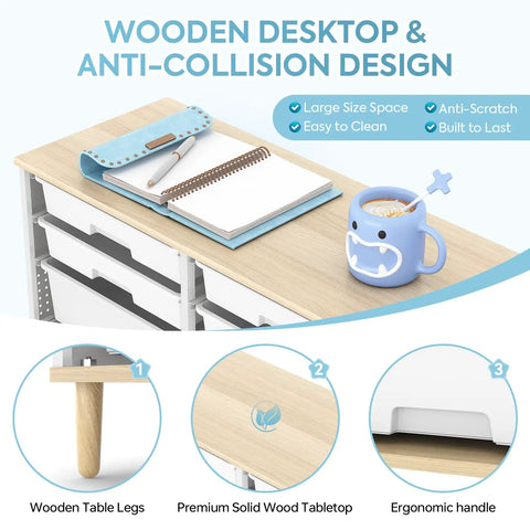 Premium 12 Drawer Storage Cabinet With Wooden Top And White Plastic Bins For Hella Organized Home Offices, showcasing wooden tabletop and ergonomic handle.