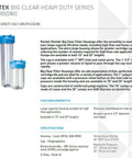 Pentek Big Clear Heavy Duty Series filter housings in blue cap with clear sump, 1-inch NPT, 10-inch and 20-inch Big Blue style.