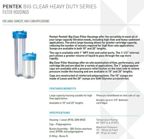 Pentek Big Clear Heavy Duty Series filter housings in blue cap with clear sump, 1-inch NPT, 10-inch and 20-inch Big Blue style.