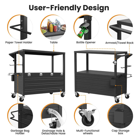 User-friendly design of 80 Quart Rolling Ice Chest With Built In Top Prep Table And Four Wheels Party Patio Cooler Cart.
