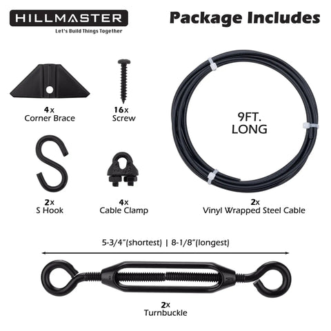 Heavy Duty Anti Sag Gate Kit For Wooden Fences Featuring Rust Resistant Zinc Cable Rigging To Keep Your Backyard Gate Straight And Tight Quick Fit Outdoor Repair Fix Black Two Pack with components including cable and clamps.