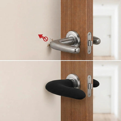 4 Pack Tough Neoprene Door Handle Covers Rock Solid Weatherproof Shield fitted over a metallic door handle to prevent damage.