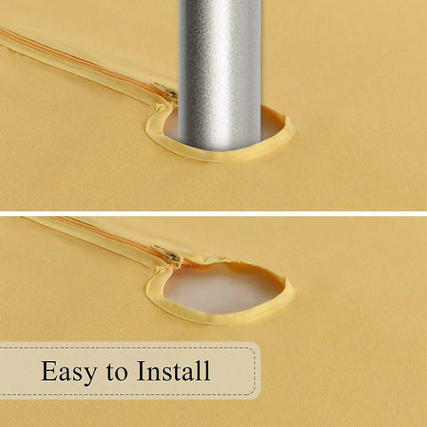 Close-up of yellow 60 inch round tablecloth with umbrella hole and zipper, showing easy installation for outdoor use.