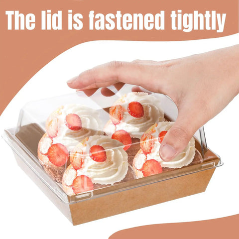 Hand closing clear lid on 100 Pack Charcuterie Boxes With Clear Lids, 5.4 By 5 By 2.5 Inches Disposable Brown Square Food Containers.
