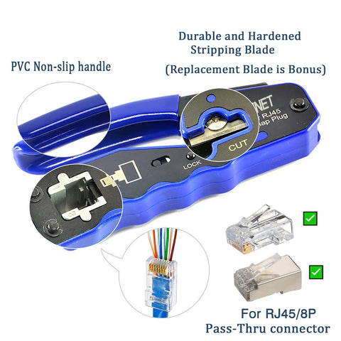 RJ45 Pass Through Crimp Tool For Cat6 And Cat5e Ethernet Cables, All In One Wire Stripper Cutter, shown with connectors
