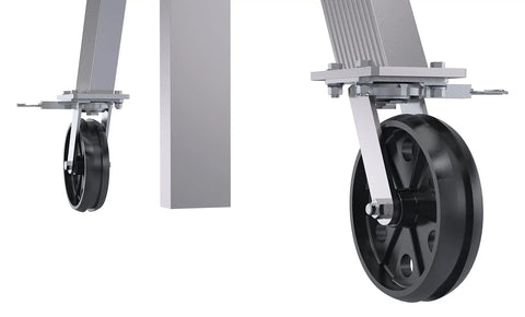 Rock Solid Adjustable Height Aluminum Gantry Crane With V Groove Cast Iron Wheels 15 By 12 Foot Span 2000 Pound Capacity detail of cast iron wheels