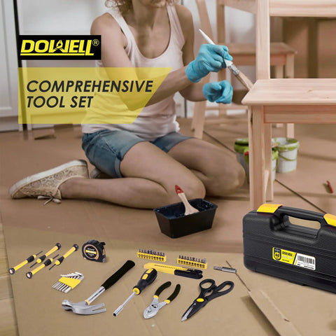 Yellow 40 Piece Home Tool Set With Plastic Toolbox Case featuring tools like hammer, pliers, for easy DIY projects