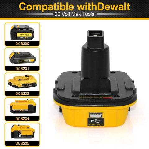 20V To 18V Battery Adapter With USB Port For Quick Charge Tools shown with compatible Dewalt models