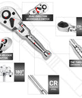 Diagram of Flexible Head Stubby Ratchet Set With Quick Release, highlighting CR-Mo head, ergonomic handle, and reversible switch.