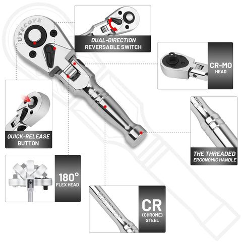 Diagram of Flexible Head Stubby Ratchet Set With Quick Release, highlighting CR-Mo head, ergonomic handle, and reversible switch.