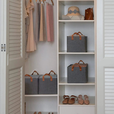 Extra Large Shelf Storage Baskets With Metal Frame Linen Fabric Storage Bins For Dorm Closet Or Room Gray Durable Organizer Containers 2 Pack in closet