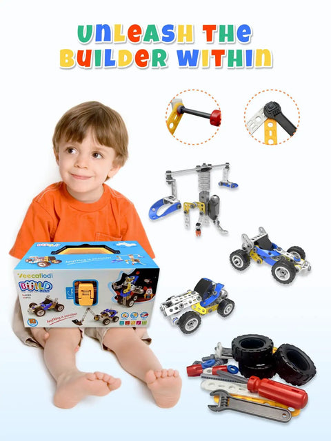 Boy with 10 In 1 STEM Toys For Kids Ages 4 5 6 7 8 Build Kit With Electric Motor next to assembled models and tools.