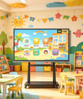 65 Inch 4K UHD Interactive Touch Monitor With Smooth Gliding Rolling Cart Stand Featuring Dual Operating Systems And Eye Relief Matte Anti Glare Ips Display For Classrooms Office Spaces And Home Theater in a vibrant classroom.