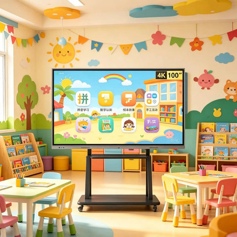 65 Inch 4K UHD Interactive Touch Monitor With Smooth Gliding Rolling Cart Stand Featuring Dual Operating Systems And Eye Relief Matte Anti Glare Ips Display For Classrooms Office Spaces And Home Theater in a vibrant classroom.