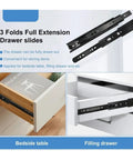 Heavy Duty Black Bottom Mounted Drawer Slides Featuring A Stealth Concealed Undermount Build With Tough As Nails Steel Construction For Silky Smooth And Seriously Reliable Cabinet Glide seen applied to bedside table and filling drawer.