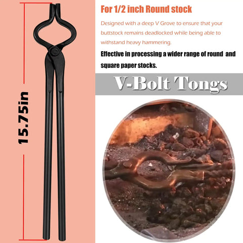 Forging Tongs Set For Knife Making And Blacksmithing, 5 Piece Kit Includes Flat Jaw Tongs, 15.75in V-Bolt Tongs
