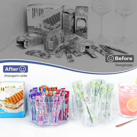 Finally Scored This 360 Rotating Drink Packet Organizer Acrylic Lazy Susan That Makes Kitchen Pantry Storage A Total Game Changer While Keeping All Favorite Beverage Mixes Neatly Arranged And Snug Inside, showing sorted drink packets.
