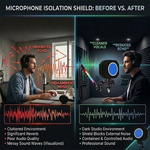 Comparison of Home Studio Vibe Microphone Isolation Shield for recordings before and after with reduced echoes and noise control
