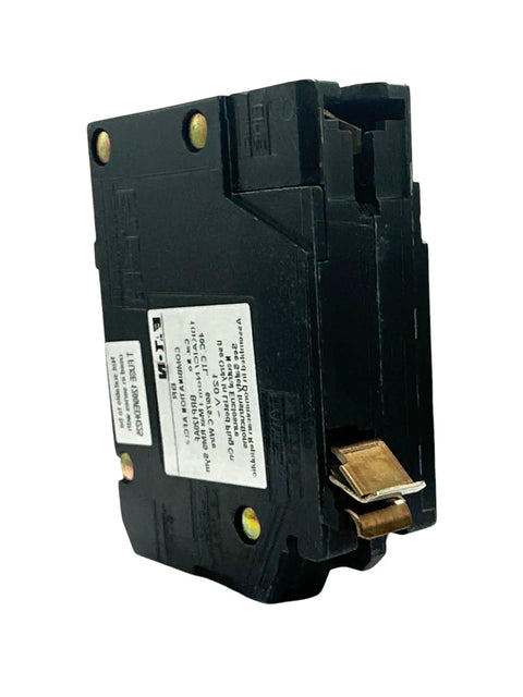 Top Shelf 20 Amp Single Pole AFCI Circuit Breaker Designed For Ultimate Arc Fault Protection In Standard Panels Quick Swap Install Zero Drama Max Safety Shield, side view of black circuit breaker.