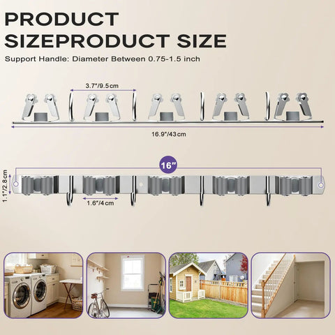 Product dimensions of Heavy Duty Wall Mount Broom And Mop Organizer With Five Clamps And Four Hooks Stainless Steel Cleaning Tool Rack