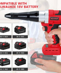Cordless Rivet Gun Tool For M18 18V Battery Systems red handheld tool showcasing compatibility with various battery packs.