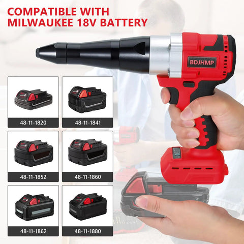 Cordless Rivet Gun Tool For M18 18V Battery Systems red handheld tool showcasing compatibility with various battery packs.