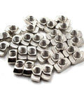 Premium 50 Pack M6 Thread T Slot Nuts Hammer Head Fastener For Aluminum Framing, nickel plated carbon steel, close-up view.