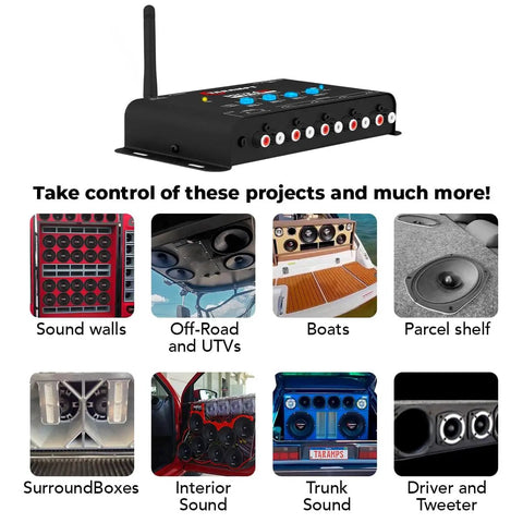 Bluetooth DSP Crossover For Car Audio With App Control 15 Band Graphic Equalizer image with examples of audio applications