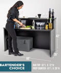 Woman using the Party-Ready Portable Event Bar Table, 60x26x42 inches, foldable pro-grade wood, with storage, for events.