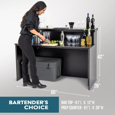 Woman using the Party-Ready Portable Event Bar Table, 60x26x42 inches, foldable pro-grade wood, with storage, for events.