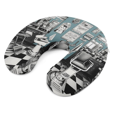 Barber Shop Style U Shaped Travel Neck Pillow with ergonomic neck support and dual sided cushioned design, barber shop print