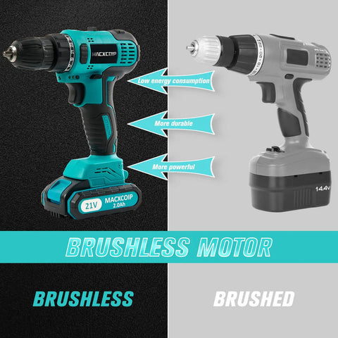 Comparison between brushless 21V cordless drill kit and brushed drill, highlighting efficiency and power differences.