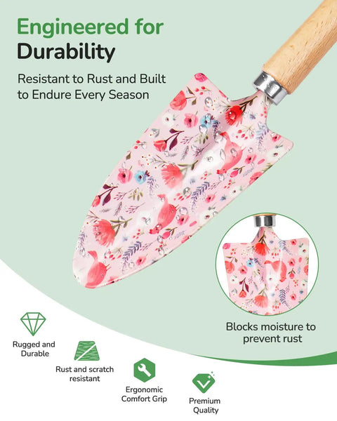 Floral printed trowel from 12-Piece Women's Gardening Tools Gift Set With Durable Carrying Case Rust-Proof And Heavy-Duty Tools