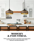 Modern Walnut Wood Dome Pendant Light Matte Black Metal With Warm Gold Interior Adjustable Hanging Fixture in kitchen setting.