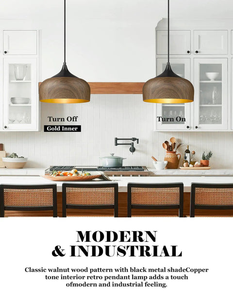 Modern Walnut Wood Dome Pendant Light Matte Black Metal With Warm Gold Interior Adjustable Hanging Fixture in kitchen setting.