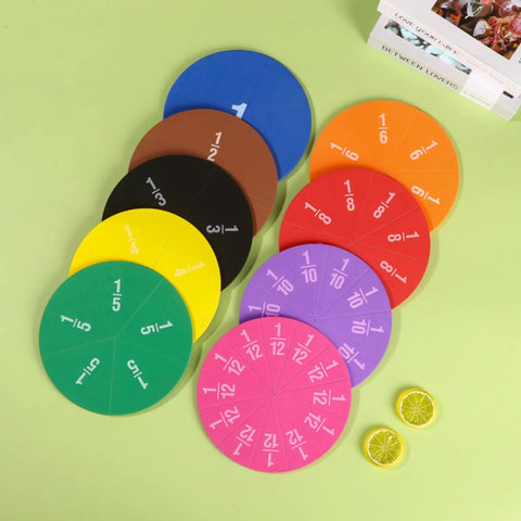 Magnetic Fraction Circles Set For Kids And Classrooms, 51 pieces with 9 color coded fractions on a green surface