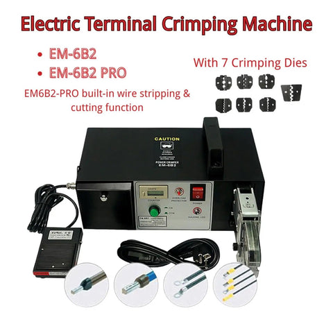 No Nonsense Heavy Duty Electric Terminal Crimping Machine With Seven Interchangeable Dies 90 Watt Motor 220 Volt Power showing control panel and crimping dies.