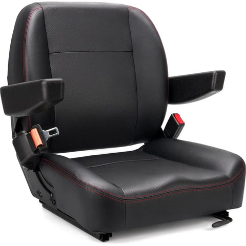 Universal Forklift And Tractor Seat With Micro Switch, Armrest And Safety Belt for machinery use, angle view.