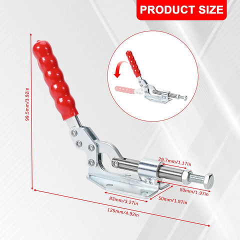 2 Pack Push Pull Toggle Clamp 36020 With 396 Lb Holding Capacity, 1.17 Inch Stroke, 144.5 Degree Handle Open, Red Grippy Cushioned Grip For Comfort, Heavy Duty Workholding Clamp For Fast, Secure Tightly Held Parts In Home Shop And Garage; metal size diagram