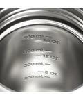 Inside view of 20 oz Tritan protein shaker showing measurement marks for 200 to 500 ml, part of the Rock Solid Leakproof Shaker Bottle.