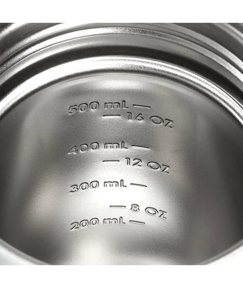 Inside view of 20 oz Tritan protein shaker showing measurement marks for 200 to 500 ml, part of the Rock Solid Leakproof Shaker Bottle.
