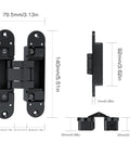 Matte Black Concealed Hinges Two Pack 180 Degree Adjustable Hidden Door Hinges with measurements for secret doors and cabinets.